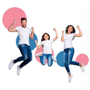 Happy family jumping in front of My FootDr blue and rose coloured circles